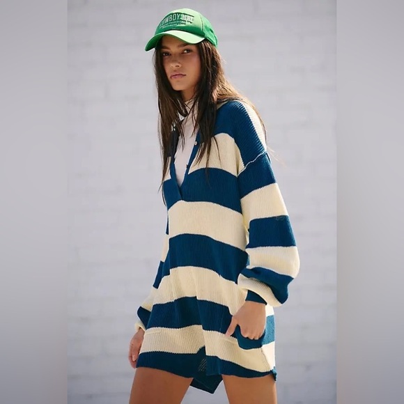 Free People Striped Picnic Sweater Romper in Sailor Blue Combo Medium - Picture 1 of 8